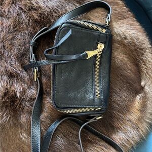 Black Leather Crossbody Bag with Gold Accents